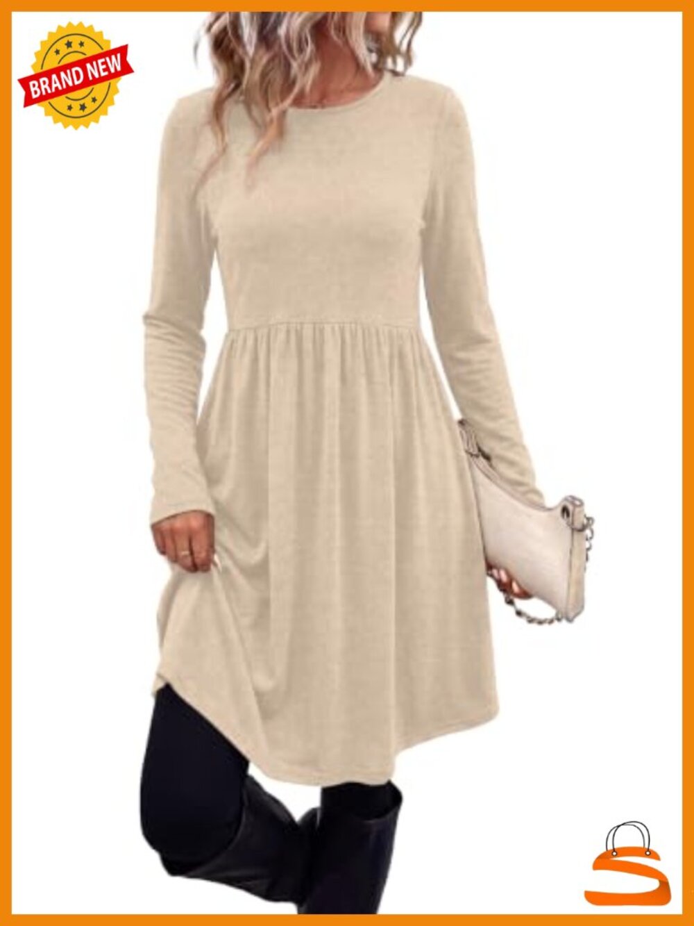 Long Sleeve Babydoll Dress with Pockets Crew Neck Casual Winter Midi Dress